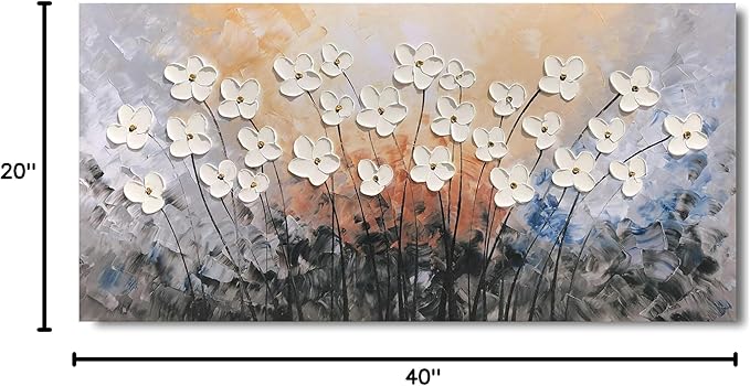 Yihui Arts Hand-Painted Oil Painting on Canvas Textured White Floral Wall Art Modern Horizontal Decor for Living Room Bedroom Office