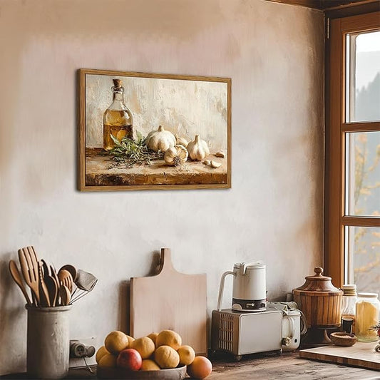 Framed Vintage Kitchen Canvas Wall Art, Rustic Garlic and Herbs Pictures Wall Decor, Neutral Still Life Paintings Prints Aesthetic Home Decor for Farmhouse Dining Room Living Room 16x24 inch