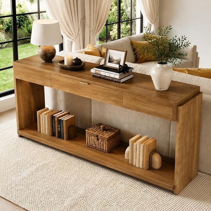 Feonase 71" Long Console Table with Drawer and LED, Wooden Farmhouse Sofa Table Behind Couch, Modern Entryway Table for Living Room, Hallway, Entrance, Foyer, Oak Brown