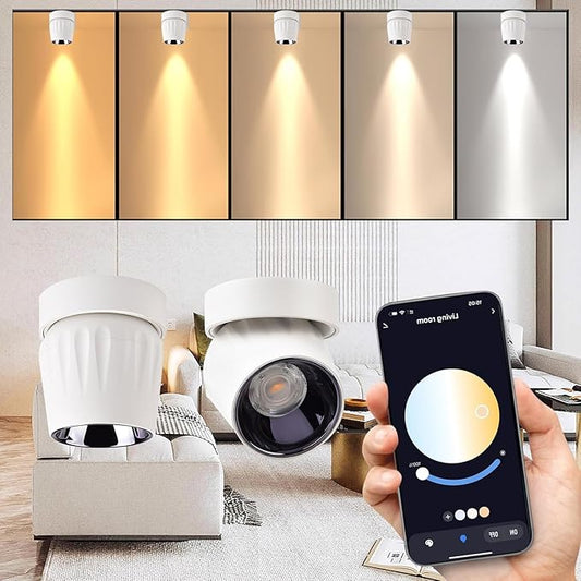 LED Ceiling Spotlight Indoor Dimmable - Tuya Smart Life 360° Adjustable 12W COB Ceiling Downlight Aluminum Hard Wired For Bedrooms Rooms Corridors Painting Background Walls (White, B ( 4.02"*3.62"))