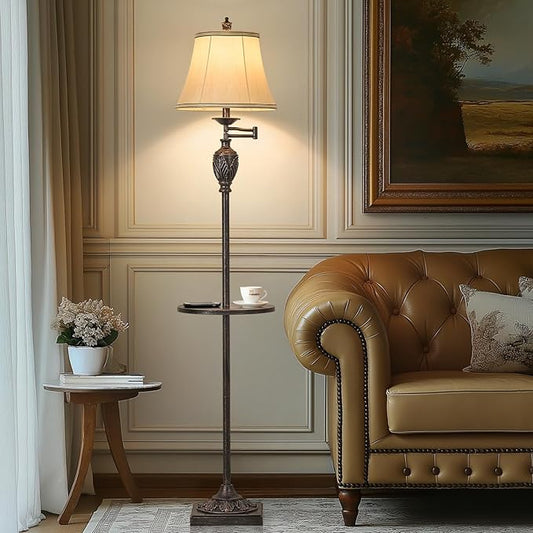 Traditional LED Floor Lamp with 350Β° Adjustable Swing Arm Lamp β Vintage Standing Pole lamp for Living Room, Bedroom and Office β Rustic Upright Floor Light for Home DΓ©cor with Silk Fabric Shade
