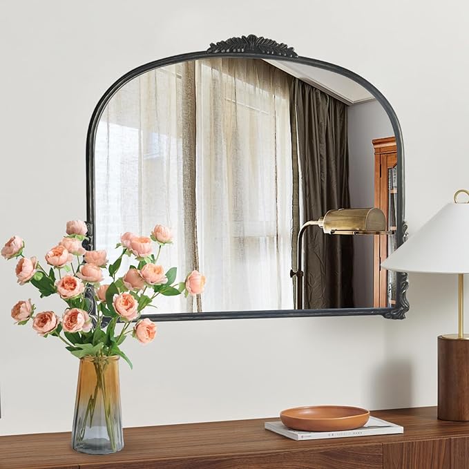 OUSHUAI Black Vintage Wall Mirror,Antique Wide Mirror Decor,Arched Big Mirror for Entryway/Bathroom/Fireplace 37"X29"