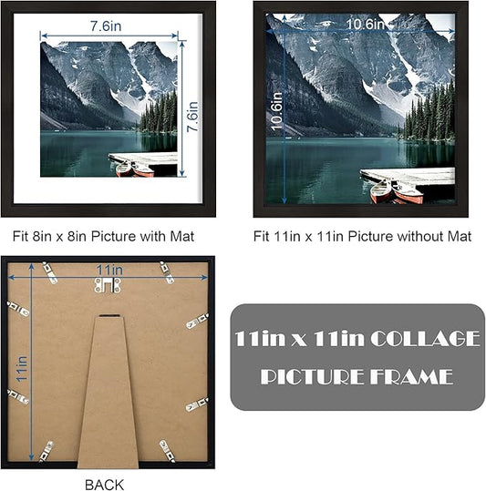Hongkee 11x11 Black Picture Frame set of 3, Made of Wooden Square Photo frame - Displays 8x8 Picture With Mat or 11 x 11 Without Mat, Desktop and Wall Mounting Collage Frame set