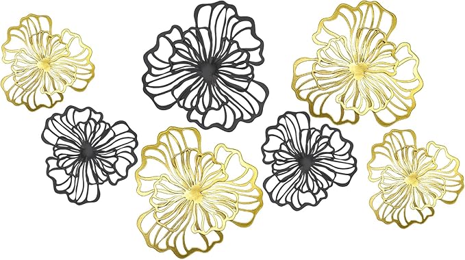 7 Piece Metal Wall Decor for Living Room, Boho Double Layered Iron Flower Wall Hanging Art, Aesthetic Indoor Metal Wall Sculpture Decor for Bedroom Kitchen Bathroom Farmhouse Home Office, Gold-Black