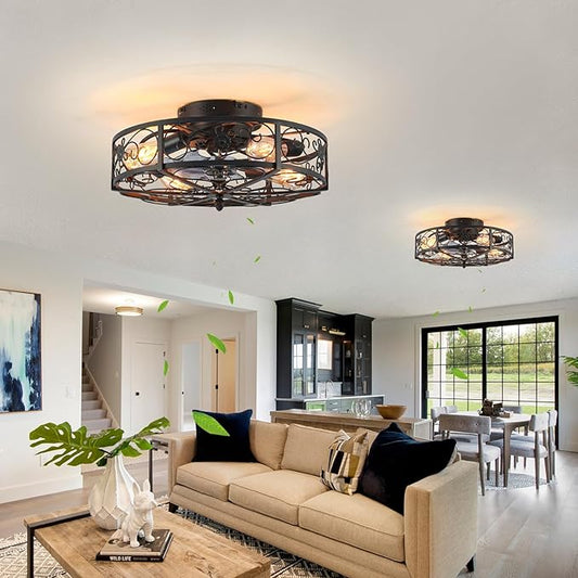 20'' Caged Ceiling Fan with Lights and Remote Control,Small Farmhouse Bladeless Low Profile Ceiling Fans Lights,Industrial Flush Mount Low Profile,Reversible Motor 6 Speeds for Bedroom,Living Room