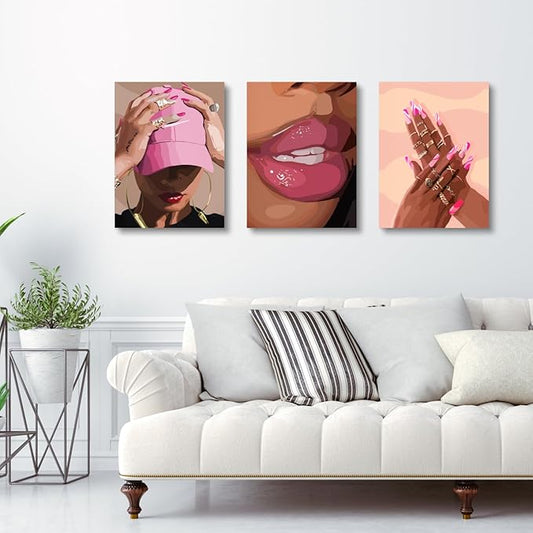 Hianan Fashion Black Girl Canvas Wall Art Modern Trendy African American Black Woman Poster Prints Pink Abstract Black Girl Aesthetic Pictures for Living Room Framed Ready to Hang 16"x24"x3