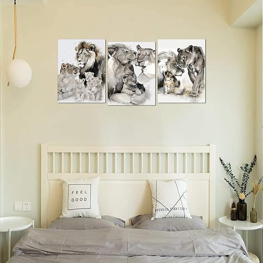 3 Pieces Lion Pictures Wall Art Animal Canvas Paintings Brown Lion Family Portrait Pictures Wall Decor Watercolor Style Poster Living Room Home Office Decor, Framed 12" x 16"x3