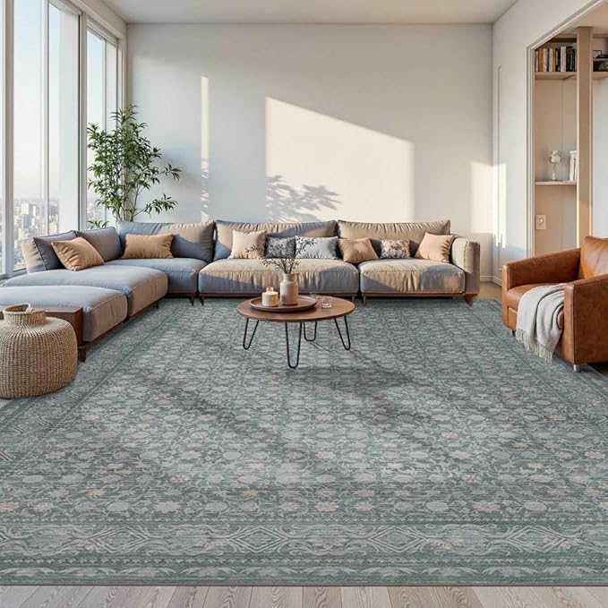 10x14 Washable Area Rug for Living Room, Extra Large Vintage Boho Rugs for Dining Room, Kids Room, Farmhouse, Durable Low Pile Non Slip Carpet for High Traffic Areas, Blue
