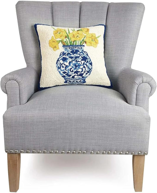 Peking Handicraft Daffodils in Chinoiserie Vase 16" Square Hooked Wool Throw Pillow, Artwork by Sally Eckman Roberts