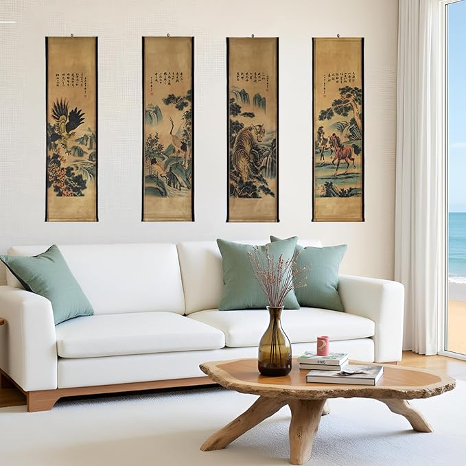 CIFIBIFUN Wall Asia Art Prints Posters Painting Eagle Crane Waterfall,4 Panels Paper Scroll,Home Walls Decor for Living Room Bedroom (Japan Painting)