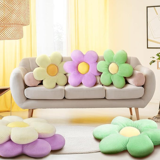 Sratte 3 Pcs Flower Pillows Flower Shaped Throw Pillows Cute Daisy Plush Pillow Decorative Floor Pillow Seat Cushion for Bedroom Home Sofa Chair Couch Decor(Green, Lavender, White,20")