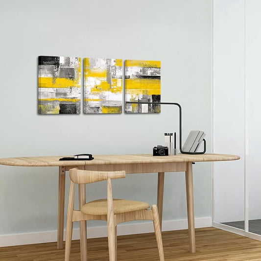 KREATIVE ARTS 3 Pieces Abstract Canvas Poster Prints Contemporary Creative Yellow Grey Picture Wall Art Framed Artwork Ready to Hang Living Room Bedroom Each Panel 12x16 Inches