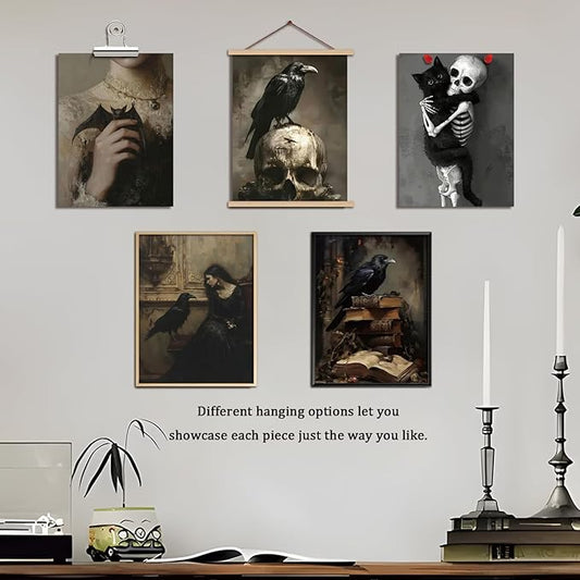 XYHYRA Vintage Gothic Wall Art Set of 6, Dark Academia Witchy Posters, Victorian Raven & Skull Prints, Halloween Home Decor for Living Room Bedroom Bathroom 12x16 Inch Unframed