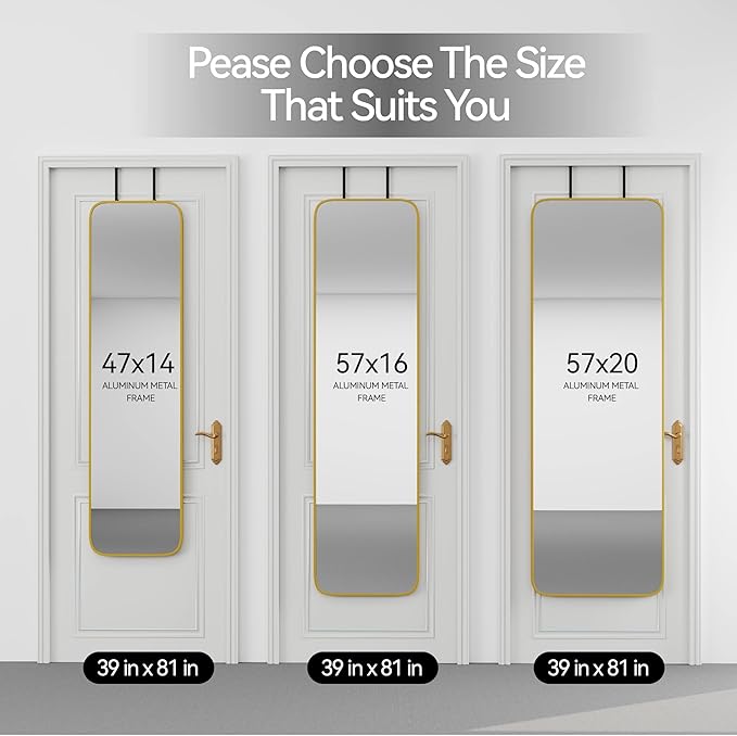 SCWF-GZ 57x16 Door Hanging Full Length Mirror, Floor Stand (Height 5.7ft just Body in1.3ft) Wall Mounted Metal Frame Rectangle Dressing Mirrors for Bedroom Bathroom Room 57 inch Gold