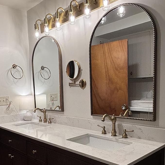 Arched Wall Mirror 24" x 36",Antique Gold Metal Beaded Frame, Decorative Accent Mirror for Bathroom, Living Room, Entryway & Bedroom