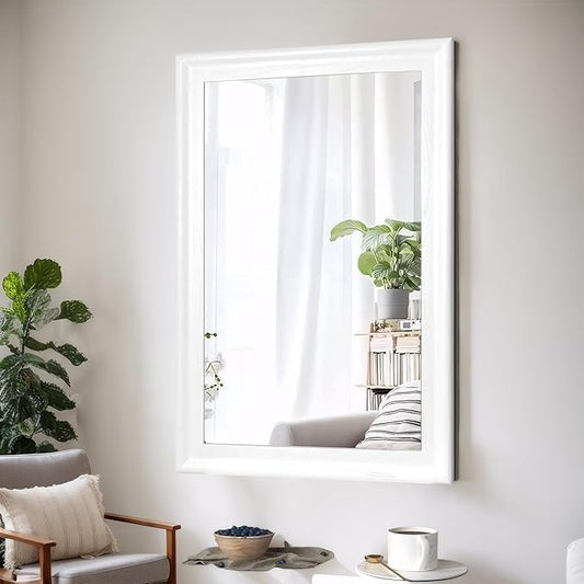 White Wood Mirror for Bathroom,Rectangle Rustic 30 x 40 inch Vanity Mirror for Wall,Wooden Wall-Mounted Hanging Mirror for Entryway,Bedroom or Living Room