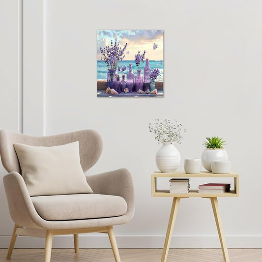 LB Ocean Purple Lavender Wall Art Purple Flower in Vase with Butterfly Canvas Wall Art Blue Sky and White Cloud Wall Art Decor for Living Room Bedroom Bathroom Office Framed Ready to Hang 12L x 12W