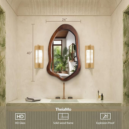 Irregular Wall Mirror 40"x24", Walnut Asymmetrical Mirror, Wood Bathroom Mirrors Wall Mounted, Wall Mirrors Decorative for Living Room, Bedroom, Bathroom, Hallway, Entryway