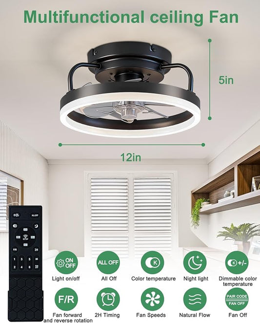 Ceiling Fan with Lights, Low Profile Ceiling Fans with Lights and Remote, Flush Mount LED Fan Light, Modern Bladeless Fandelier for Bedroom Works with APP, 12IN Black