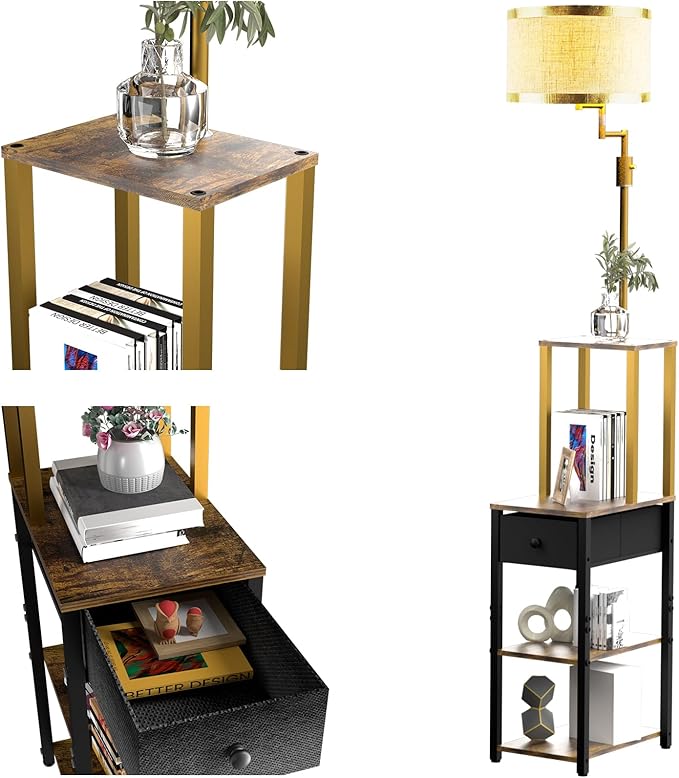 Lightdot Floor Lamp with Shelves&Drawer, Modern Standing Lamp with 350° Adjustable Lamp Head, Fabric Shade& Bulb Included, Display Corner Floor Lamp for Living Room/Sofa Beside/Corner Decor