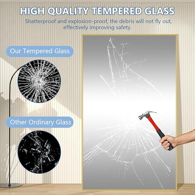 Large Mirror Full Length with Stand, 76"X44" Oversized Floor Mirror Gold Standing Full Length Mirror for Gym Bedroom Living Room Clothing Store, Hanging or Wall Mounted, Tempered Glass