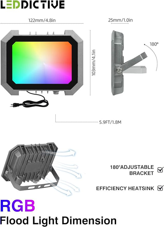Leddictive 2 Pack RGB LED Flood Light 30W, 300W Equivalent 3000 LM Outdoor Landscape Flood Lights with 2 Remote, IP66 Waterproof Outdoor Light for Christmas Party Stage Uplight Wall Wash