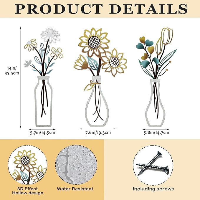 3 Pcs Metal Flowers Wall Decor Rustic Farmhouse Decor Sunflower Minimalist Wall Art Decors for Bathroom Kitchen Living Room Bedroom Office Housewarming Gifts (Beige)