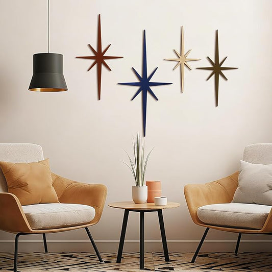 Blulu 4 Pcs Cast Iron Starburst Shaped Wall Decor Metal Mid Century Modern Decor Retro Atomic Stars Wall Art Elegance Accents Vintage Celestial Whimsigoth Hangings for Home Office Room(Neutral)