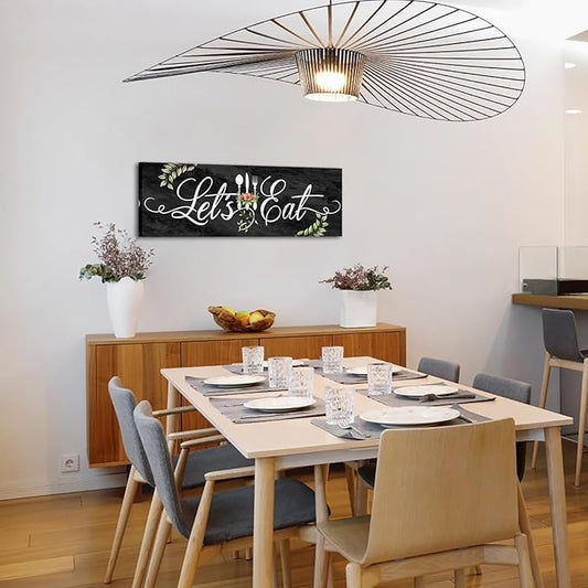 KREATIVE ARTS Farmhouse Kitchen Wall Art - Let's Eat Sign Poster - Black Marble Canvas Prints - Ready to Hang 12x36'' Painting for Dining Room and Kitchen Decor