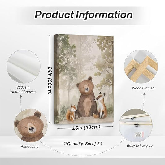 Woodland Nursery Wall Art Decor Animal Forest Canvas Prints Baby Boy Room Wall Decor Bear Nursery Nature Pictures Deer Prints Artwork for Boy Girl Kids Bedroom 16x24 Inch Wrapped Canvas Set of 3