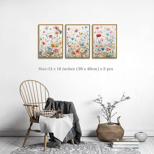 KISSFOX Colorful Wildflower Canvas Wall Art Set Of 3 Flowers Pictures Prints Flowers Printing Floral Watercolors Flower wall Decor Living Room Girls Bedroom Bathroom (Grey Blue, 12"x16" Natural Framed, Framed)