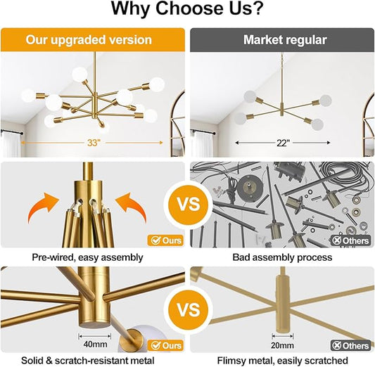 10.9"-52.3" Height Adjustable Sputnik Chandeliers Dining Room Light Fixture (10-Light, 32-Inch), Modern Brushed Gold Chandelier, Mid Century Modern Chandeliers for Bedroom Kitchen (Bulbs Not Included)