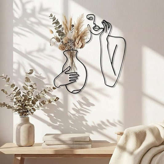 Pelopy Black Metal Wall Decor, Abstract Woman Wall Art, Minimalist Line Vase Decor, Modern Aesthetic Metal Women Art for Home Bedroom Bathroom Living Room