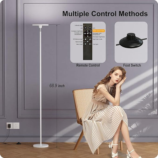 Dimmable Floor Lamp with Remote,Floor Lamps for Living Room Bedroom Office,Adjustable Brightness (10%-100%)and Color Temperature (3000k- 6000k ),Standing Lamp Tall Lamp with Foot Switch (white)