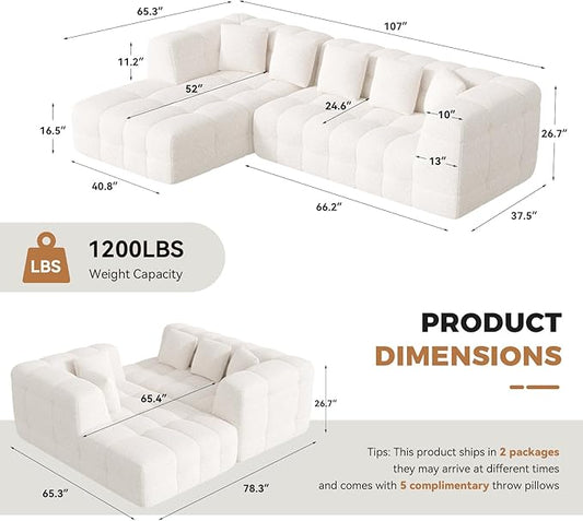 107" Chenille Boneless Couch with L - Shaped Chaise, Comfy Modular Sectional Sofa with Tufted Design, Modern Upholstered Sofa, No - Assembly Sectional Couch, Oatmeal | Modular Sectional, Tufted Design, Modern Upholstered, No-Assembly