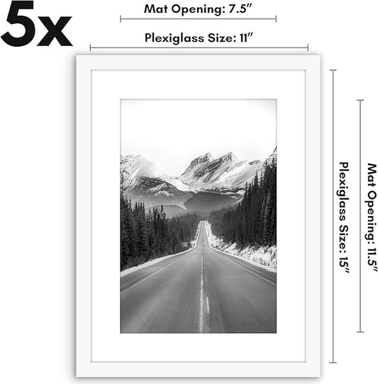 Americanflat 11x15 Picture Frame with Polished Plexiglass - Set of 5 - Use as 8x12 Frame with Mat or Display 11x15 Photo Without Mat - Galleria Collection - Picture Frames for Wall Display - White