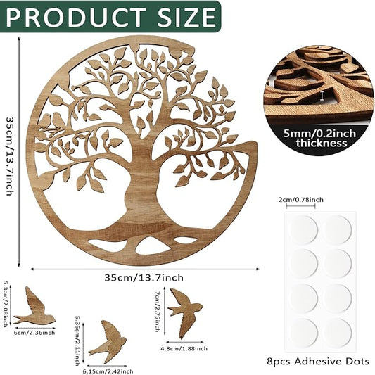 Tree of Life Wall Art Wooden Tree Life Wall Decor with Three Birds 12 Inch Round Family Tree Life Wall Hanging Plaque for Bedroom Living Room Kitchen Office Farmhouse Decor Indoor Outdoor (Round Tree of Life - Wood Color)