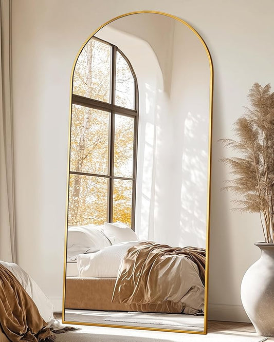 Suidia 71"x32" Arched Full Length Mirror with Stand, Full Body Mirror with Aluminum Frame, Freestanding/Leaning/Wall-Mounted, Floor Mirrors for Bedroom, Living Room, Entryway, Dressing Room, Gold