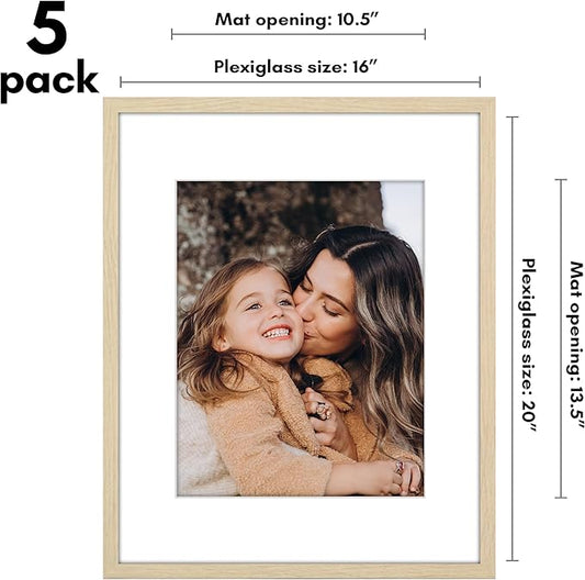 Americanflat 16x20 Picture Frame with Polished Plexiglass - Set of 5 - Use as 11x14 Frame with Mat or Display 16x20 Photo Without Mat - Galleria Collection - Picture Frames for Wall - Natural Oak