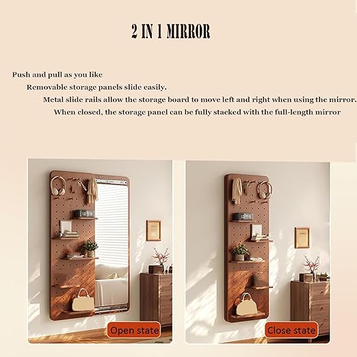 Full Length Mirror with Shelf and Hooks,Hide Wall Mounted Mirror,Sliding Pegboard Wood Mirror, for Entryway, Living Room,Bedroom,Dressingroom, Decor (Natural Wood Color)