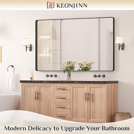 Keonjinn Black Bathroom Mirrors for Over Sink, 60 x 36 Inch Large Matte Black Mirror for Vanity, Rounded Rectangle Sandblasted Finish Farmhouse Mirror, HD Tempered Glass Modern Decorative Mirror
