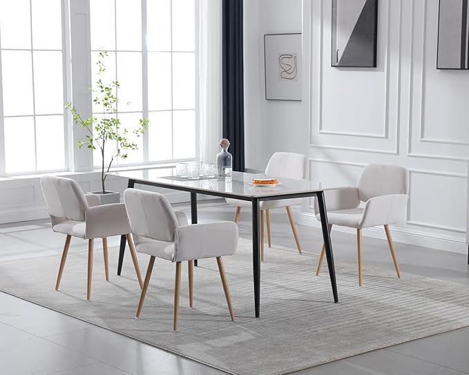 KCC Small Modern Dining Room Arm Chairs Set of 4, Mid-Century Upholstered Velvet Side Seat Club Guest with Metal Tube Legs for Kitchen, Living Room, Beige