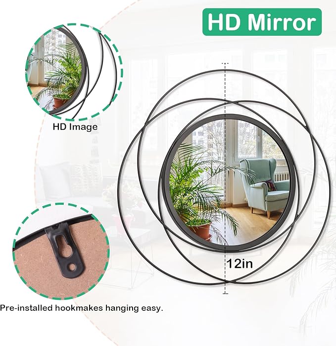 Black 3 Pcs Decorative Wall Mirror Circle Modern Mirror Round Art Ring Metal Mirrors Wall Decor Wall Mounted Mirror for Living Room Bedroom Dining Room Hallway Entryway 12"
