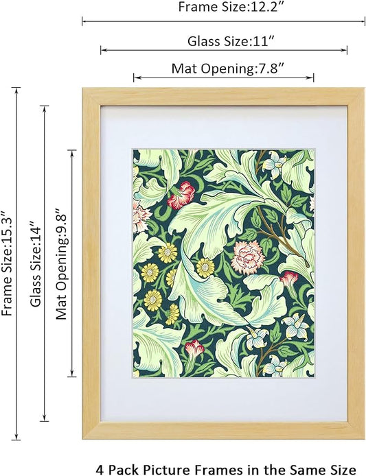 11x14 Picture Frame Made of Solid Wood Photo Frame with Real Glass for Pictures 8x10 with Mat or 11x14 Without Mat, Wall Mount or Tabletop Gallery Photo Frames,Natural,4 Pack
