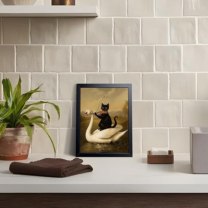 Funny Cat Wall Art Painting, Vintage Black Cat Playing Violin on Swan Wall Decor, Whimsical Animal Canvas Poster Print Picture for Bathroom Bedroom Apartment Decor 8x10 Inch Framed