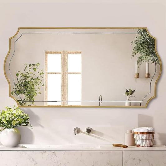 POZINO Gold Scalloped Mirror, 24"x47" Large Rectangle Aesthetic Wall Mirror with Wood Frame, Modern Elegant Wavy Mirrors for Living Room Bedroom Hallway Entryway, Horizontal or Vertical Hanging