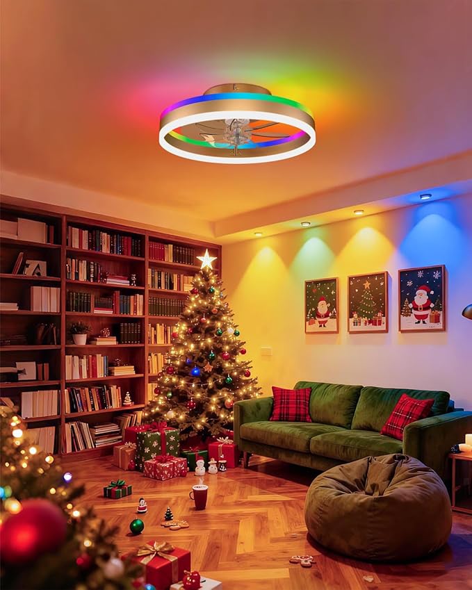 RGB Ceiling Fan with Lights, Low Profile Ceiling Fans with Lights and Remote, Flush Mount LED Fan Light, Modern Bladeless Fandelier for Bedroom Works with APP, 16IN Gold
