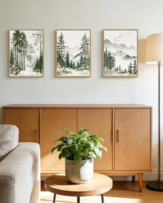 Drsoum Green Tree Forest Mountain Framed Wall Art Nature Landscape Prints Morden Wilderness Artwork Hallway Bedroom Ready to Hang 11x14in Natural Framed