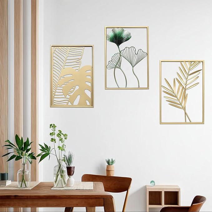 SwallowLiving Gold Wall Decor, 3 Pieces Metal Wall Art for Living Rooom, Luxurious Modern Sculptures Home Decor, Hanging Pictures for Bedroom, Office, NOT PRINTED Canvas Art (12" x 17", Set of 3)
