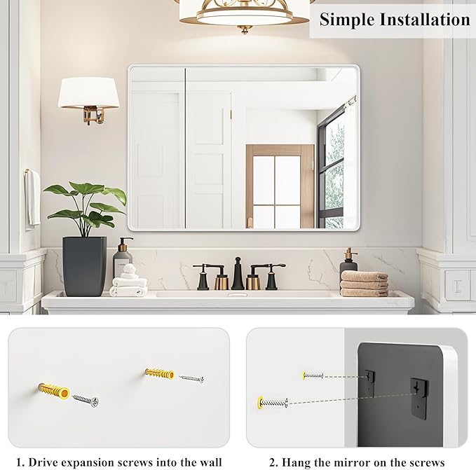 Fabuday Bathroom Mirror 40x30 Inch, White Wall Mirror for Over Sink with Brushed Metal Frame, Rectangular White Vanity Mirror for Decor, Horizontal or Vertical Hanging, Heavy-Duty Hooks
